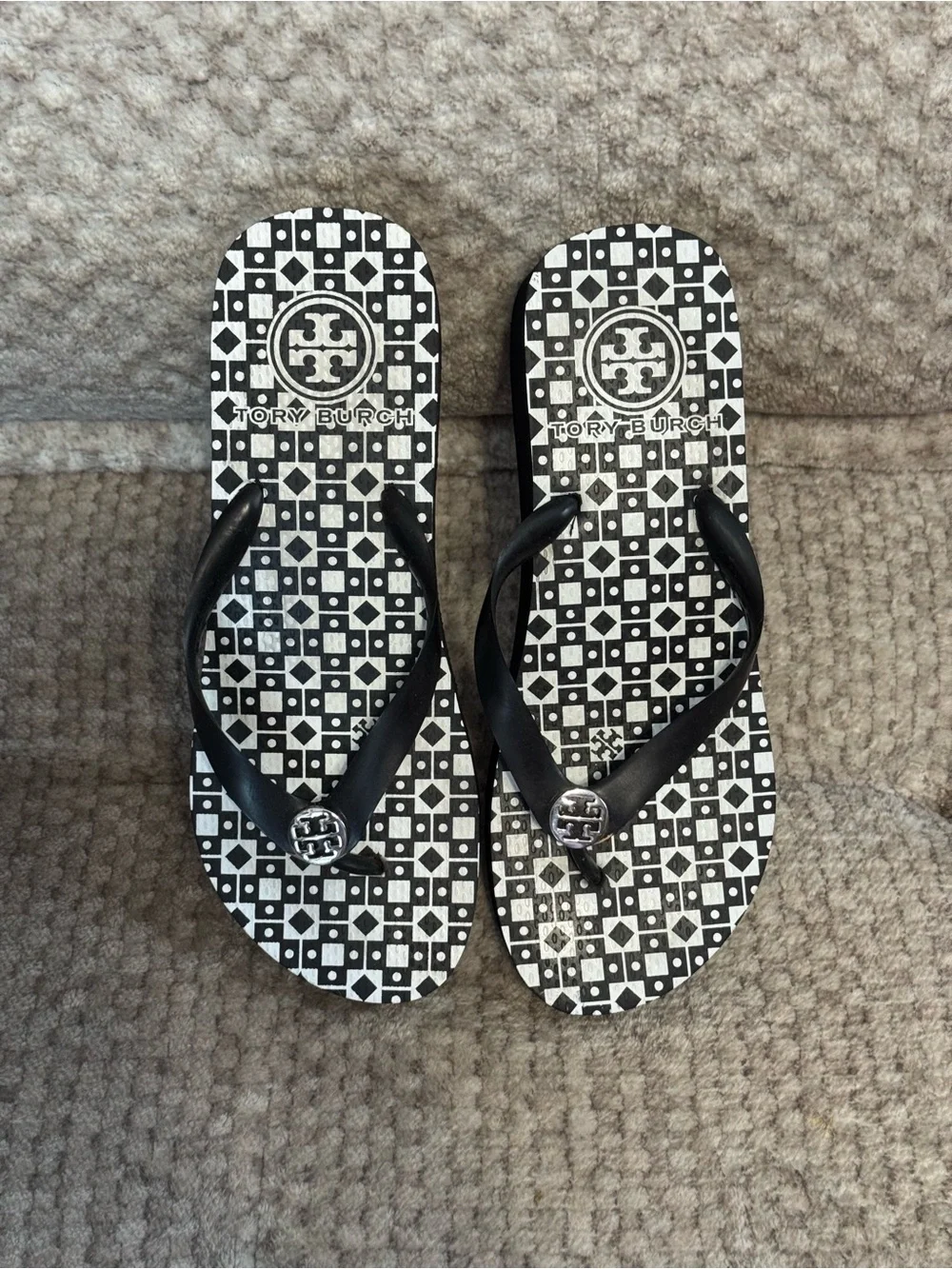 Tory Burch Black and White Logo-Print Wedge Flip Flops